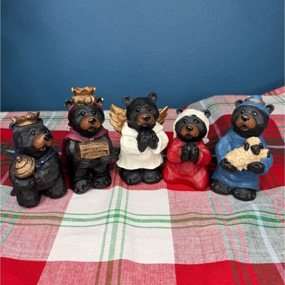 Woodland Black Bear Nativity Christmas Scene 5.5" By Slifka 5-Piece - Picture 1 of 4